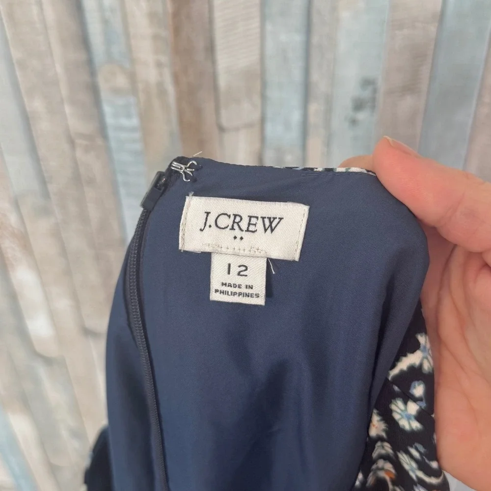 J‎ Crew 12 Navy Floral Paisley Belted Suiting Dress Short Sleeve Office Sheath